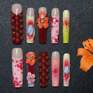 Uñas Postizas Largas y Cuadradas Hechas a Mano al por Mayor, Flores 3D Inspiradas en el Jardín, Acrílico, Fantasía Floral, Uñas Postizas de Lujo Personalizadas - Product Image 5