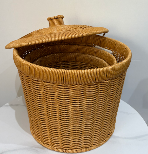Round Wicker Storage Basket with Lid Multi Size Rattan Laundry Hamper for Bathroom & Bedroom