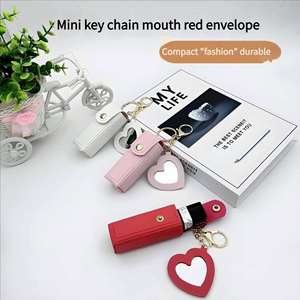 Hot Selling Portable Lipstick Envelope <b>Keychain</b> Love Mirror Lipstick Protective Leather Case Cute Bag Pendant for Women - Product Image 5