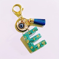Porte-clés en résine avec pierre turquoise et feuille d'or, lettre initiale A-Z, breloque œil porte-bonheur, pompon bleu, anneau porte-clés alphabet, pendentif de sac à main, cadeau