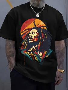 T-shirt graphique abstrait <span class=keywords><strong>Bob</strong></span> <span class=keywords><strong>Marley</strong></span> pour homme, noir, coupe oversize, manches courtes - Product Image 1