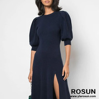 Robe d'été pour femmes à la mode personnalisée jolies manches courtes bouffantes fentes hautes taille empire décontracté silhouette droite de grande taille