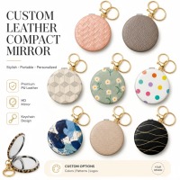 Leather Keychain Mirror Custom Logo Luxury Leather Print Mirror Keychain PU Leather Round Folding Makeup Mirror Keychain Custom