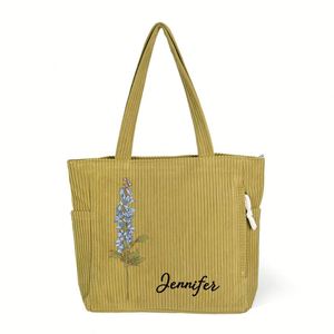 Sac fourre-tout personnalisé en velours côtelé avec motif floral et nom de fleur de naissance, grande capacité, pour femme, avec poches, cadeau - Product Image 1