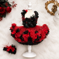 Robe de luxe pour chien rouge et noire, vêtements de fête pour animaux de compagnie, jupe en tulle superposée avec appliques florales 3D, costume de petite robe pour chiot