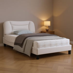Letto Imbottito Bianco con Struttura in Tessuto, Design Minimalista, Letto Morbido con Telaio in Legno, Dimensione Full Size, Arredamento Camera da Letto - Product Image 2