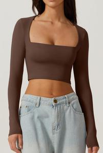 T-shirt à manches longues pour <span class=keywords><strong>femme</strong></span>, style sexy, col carré décolleté, <span class=keywords><strong>crop</strong></span> <span class=keywords><strong>top</strong></span> uni pour le printemps et les soirées en boîte de nuit - Product Image 4