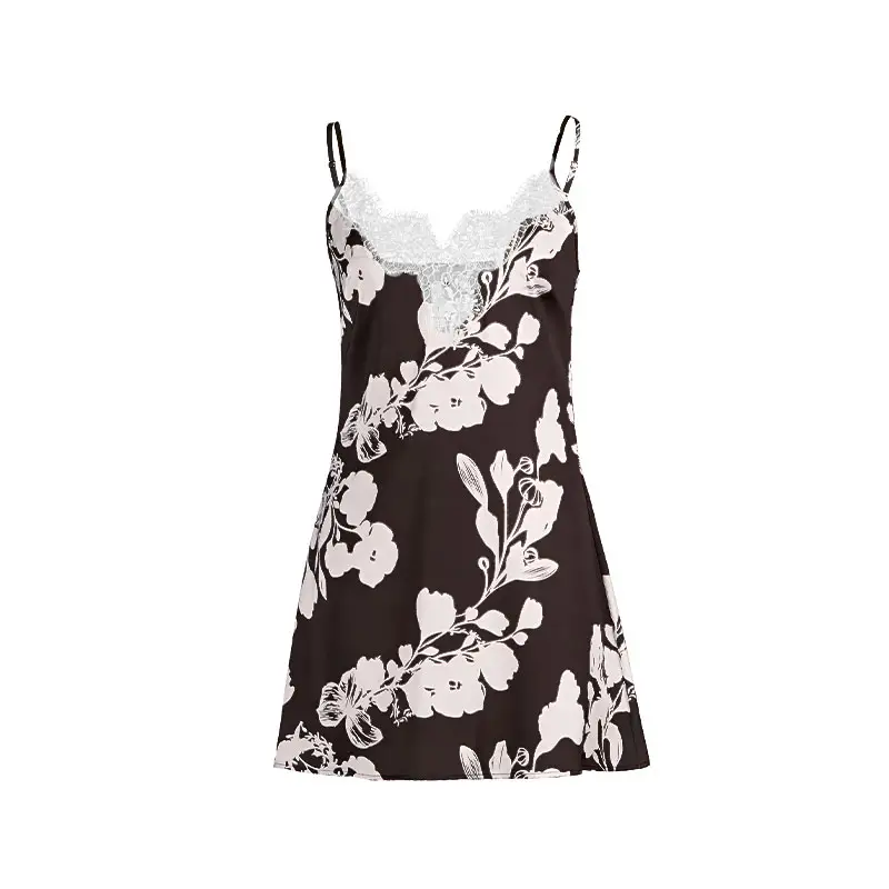 ผู้หญิง2021แฟชั่นซาติน Nightgowns คอวีพิมพ์ดอกไม้เซ็กซี่ชุดนอน