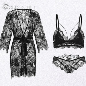 Altın orkide iç çamaşırı kadın sıcak satış kıyafeti seksi dantel kadın 2 parça iç çamaşırı seti Robe ile - Product Image 6