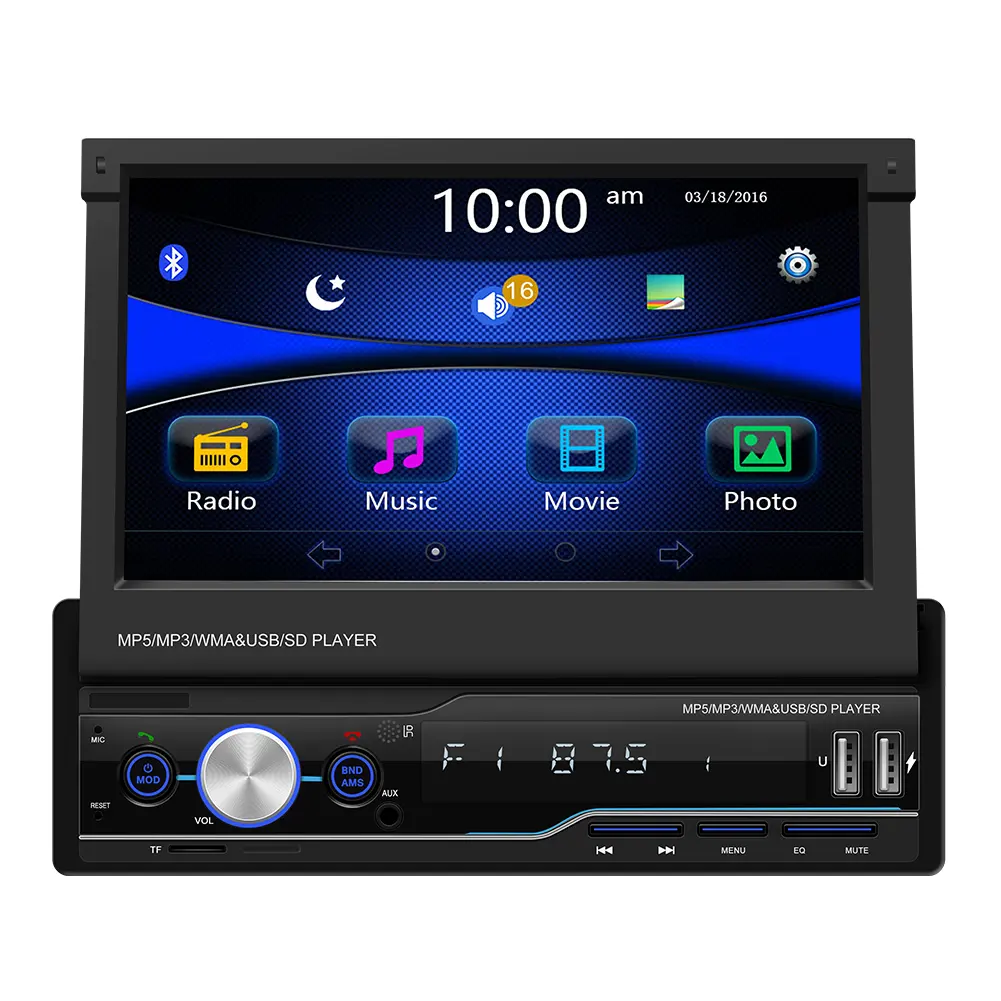 Radio Estéreo Retráctil para Coche, Reproductor con Pantalla Táctil de 7 Pulgadas, 1Din, USB/TF/AUX, Control Remoto, Tablero de Audio MP5, Novedad