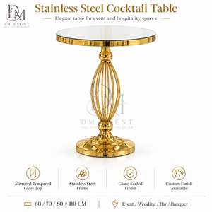 Round Cocktail <b>Table</b> for Hospitality Projects with <b>Gold</b> Stainless Steel Spindle Pedestal Base and Mirrored Tempered Glass Top - Product Image 5