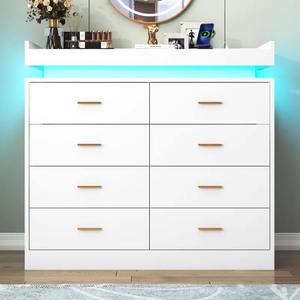 Commode longue moderne en bois massif blanc à 8 tiroirs avec éclairage LED et station de charge - Product Image 4