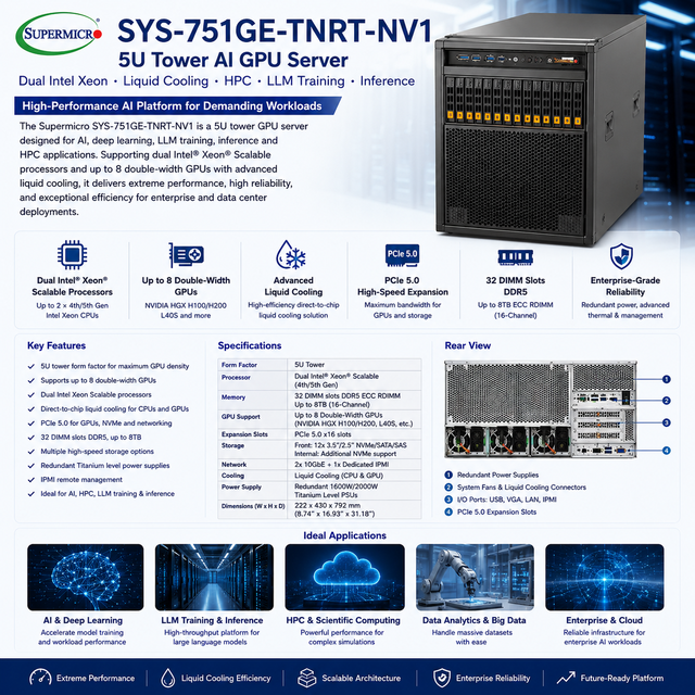 Supermicro SYS-751GE-TNRT-NV1 5U Tower AI GPU Server Dual Intel Xeon Liquid Cooling HPC LLM Training Inference Platform