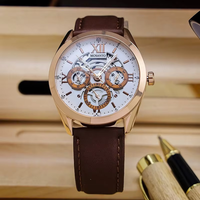 Montre à quartz pour homme, cadran squelette, chiffres romains, boîtier en or rose, bracelet en cuir marron, montre de soirée formelle