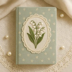 Carnet brodé Muguet A5 en tissu vert avec bordure en dentelle, motif floral vintage, idéal pour cadeau et écriture - Product Image 1
