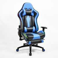 Chaise de jeu LED RGB avec repose-pieds en cuir PVC bleu, chaise de bureau ergonomique pour adultes