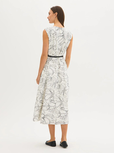 Women's Elegant White Black Abstract Floral Line Art Boat Neck Sleeveless Belted A-Line Midi Dress Formal Office Daily Wear - Product Image 5