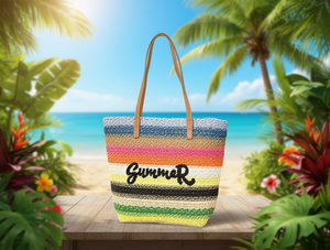 Borsa di paglia da donna a righe, casual, con stampa, borsa da spiaggia estiva, grande capacità, aperta, con due manici - Product Image 2