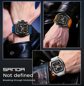 SANDA 6299 Montre pour homme en forme de tonneau à double affichage, plusieurs fuseaux horaires, alarme, montre-bracelet électronique multifonctionnelle étanche - Product Image 3