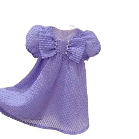 فستان الأميرة الجديد الشامل بلون واحد للأطفال من 1-9 سنوات ملابس مزينة بأقواس لا تقل قيمتها ملابس غير رسمية