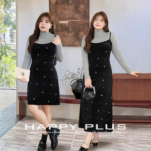 เดรสสายเดี่ยวปักลายกำมะหยี่ทรงเอไลน์ รันฉี ไซส์พลัสสำหรับผู้หญิง คอกลม เอวธรรมชาติ ยาว สีดำ สีเทา ชุดชั้นในสีพื้น - Product Image 2