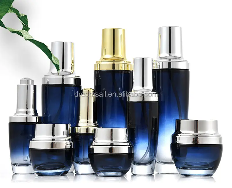 All'ingrosso packaging cosmetico per la cura della pelle blu di lusso airless bottiglia di lozione di vetro e vasetto di crema