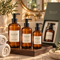 Bouteilles en verre rondes Amber Boston à pompe, marque privée, avec boîte cadeau personnalisée pour le lavage des mains, le lavage du corps et la lotion corporelle
