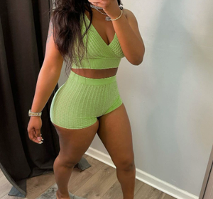 Viviblook ชุด C313ST01 2ชิ้นเสื้อกล้ามคอวีพร้อมกางเกงขาสั้นผ้าบับฟองชุดเสื้อผ้า2ชิ้นสำหรับใส่อยู่บ้านชุดสั้นสำหรับผู้หญิง - Product Image 2