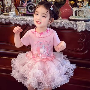 Girls Pink Cartoon Print Short Sleeve Dress Breathable Summer Style With Tutu Skirt - Product Image 1