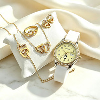 Ensemble de montres pour femmes 5 en 1, montre-bracelet à quartz avec calendrier, bracelet en strass en forme de cœur, collier, bague, boucles d'oreilles, vente en gros
