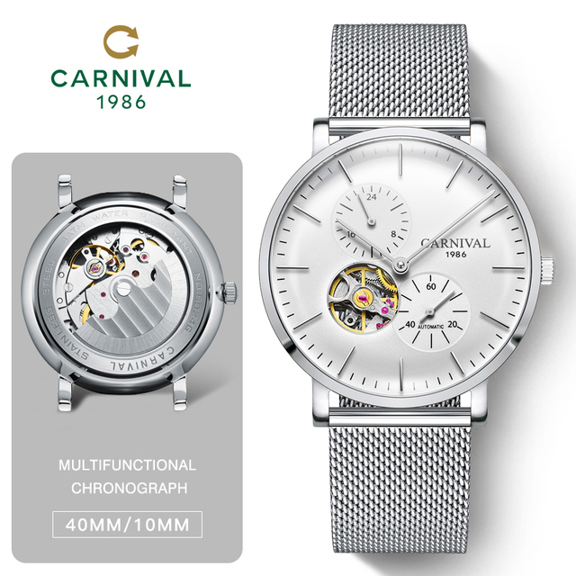 CARNIVAL Luxury Sport Automatic Watch for Men Top Brand Skeleton Design Stainless Steel Band Small Second Dial