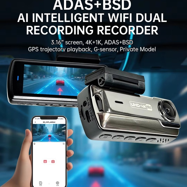 UHD-4K ADAS+BSD AI Intelligent WIFI Dual Camera Dash Cam GPS Trajectory Playback G-sensor Video Recorder 3.16" Screen 4K+1K 24h