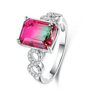 Anillo de Turmalina Sandía Creada en Laboratorio con Corte Esmeralda y Engaste de Puntas, Chapado en Rodio - Product Image 1