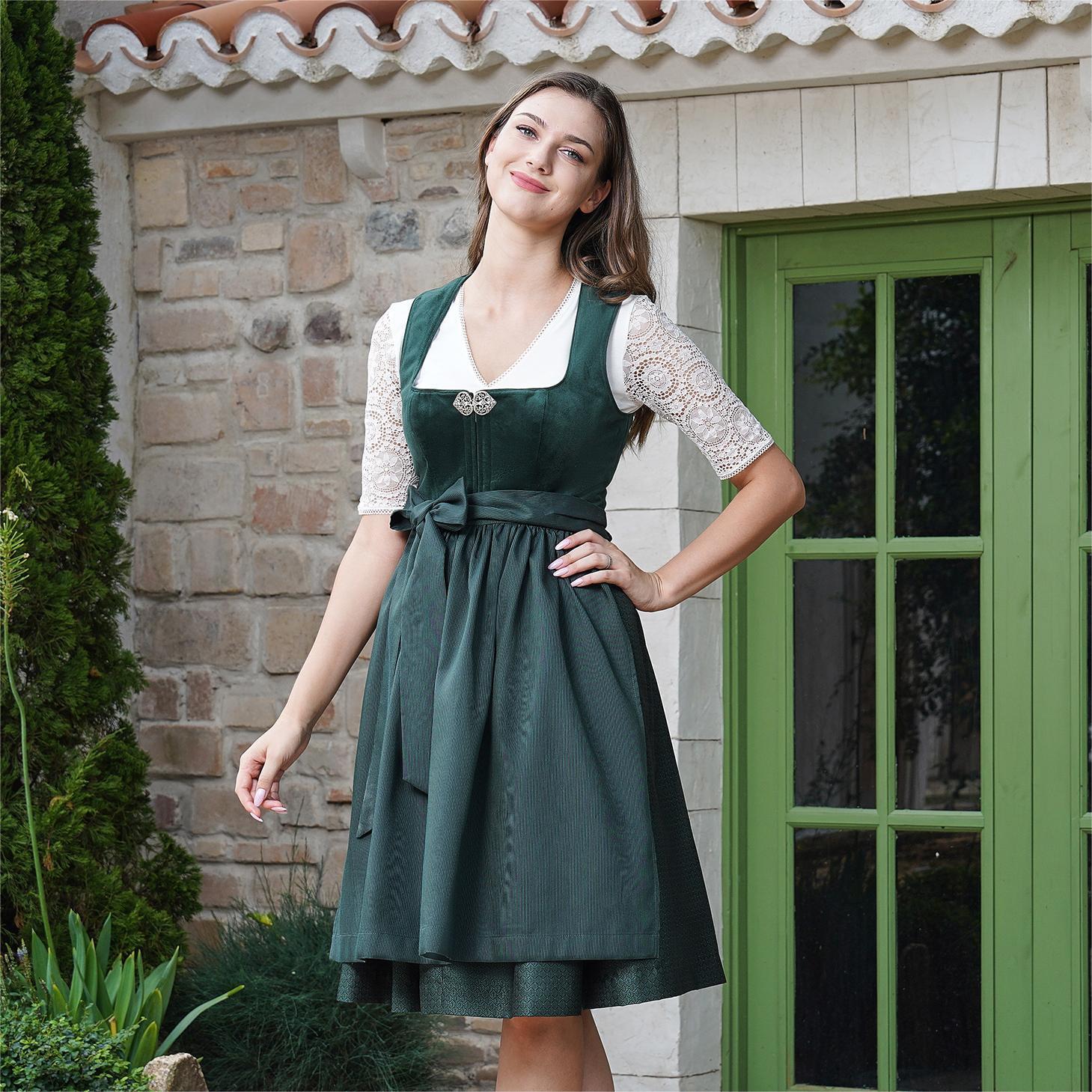 Robe Dirndl Traditionnelle 3 Pièces Pour Oktoberfest - Jupe Mi-longue, Chemisier Et Tablier Dentelle - Taille S,M,L