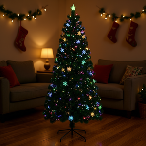 Sapin de Noël artificiel pré-éclairé de 1,80 m en fibres optiques, lumières multicolores, décoration intérieure, montage facile, base autoportante - Product Image 2