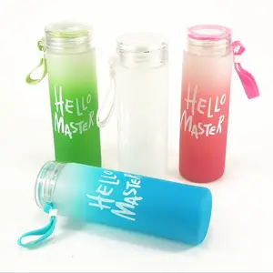 Botol air kaca buram kreatif hello master, gaya panjang 400ml harga rendah warna-warni grosir murah