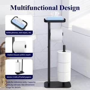 Portarrollos de papel higiénico independiente para baño, sin necesidad de taladrar, soporte móvil para papel higiénico con bandeja para teléfono, para uso en el baño. - Product Image 4
