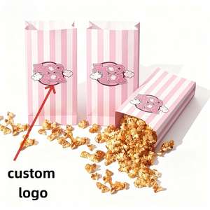 Sacs en papier écologiques rayés roses pour stands de pop-corn, événements cinématographiques et emballages de pop-corn personnalisés (personnalisable) - Product Image 1