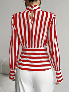 Tendenza Moda Autunnale: <span class=keywords><strong>Camicia</strong></span> da Donna a Righe Contrastanti con Colletto a Sciarpa Retrò, Maniche Lunghe, Elegante - Product Image 4