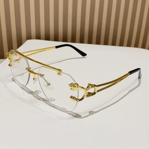 Occhiali da Sole Retro 2025 Senza Montatura Taglio a Diamante Doppio Ponte Aste Leopardate Lenti in Policarbonato - Product Image 3