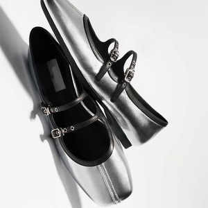 Chaussures Mary Jane rétro argentées à bout carré Alice, nouvelle collection printemps-été 2026, escarpins plats en cuir à bout ouvert - Product Image 3