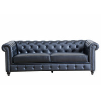 Ensemble de canapés de salon vintage 3 pièces, style américain, luxe classique chesterfield love seat, canapé en cuir véritable bleu