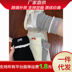 Women Ankle Socks Gray With Pink Bow <b>Lace</b> Trim Breathable Cotton Sweat Absorbing For Youth - Product Image 5