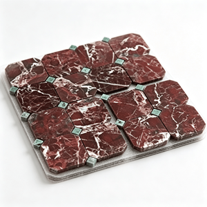 Mosaïque de marbre Rosso Levanto Octagon, dos en maille, 300x300mm, avec copeaux carrés de marbre vert pour décoration murale intérieure - Product Image 4
