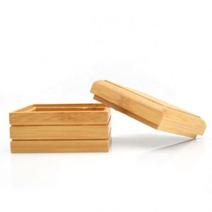 Natural <b>Bamboo</b> <b>Soap</b> Box Container Holder Bathroom Square <b>Soap</b> <b>Dish</b> With Lid - Product Image 3