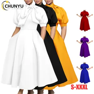 Women's Elegant Casual Bow Tie Banquet Crew Neck Puff Short Sleeve A-Line Swing Maxi Cocktail Party Dress