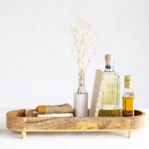 Support multifonctionnel en bois de manguier sur pieds pour le service et le rangement, accessoires de salle de bain et de cuisine, plateau décoratif et alimentaire - I H C - Product Image 1