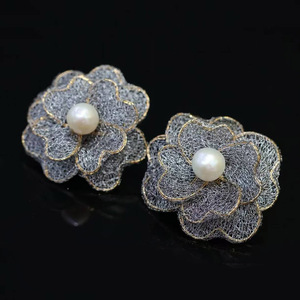 Handmade Floral Lace Pearl Dangle <b>Earrings</b>, USA Imported 14K Gold Filled Fittings, Italian Lace Craft, Natural Freshwater Pearl - Product Image 1