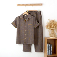 Pyjama d'été pour homme en gaze double couche jacquard teint en fil 100 % coton, respirant et confortable, à manches courtes, pour le printemps et l'automne