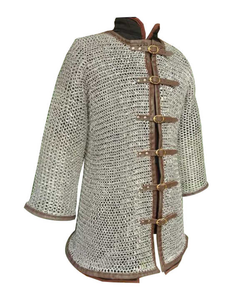 Armure de Haubert Médiévale en Maille d'Acier Doux de Haute Qualité avec Garniture en Cuir, Rivets Plats de 0,9 mm avec Anneau de Rondelle, Manches Longues - Product Image 2